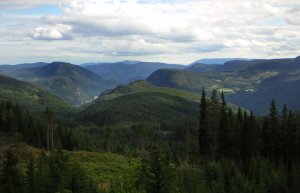Photo by John Erling Blad (Agtfjott/jeb)     View over Begnadalen from Lærskogen, with the large woodland ranging all over to Randsfjorden on the left and Hedalsfjella in the right background